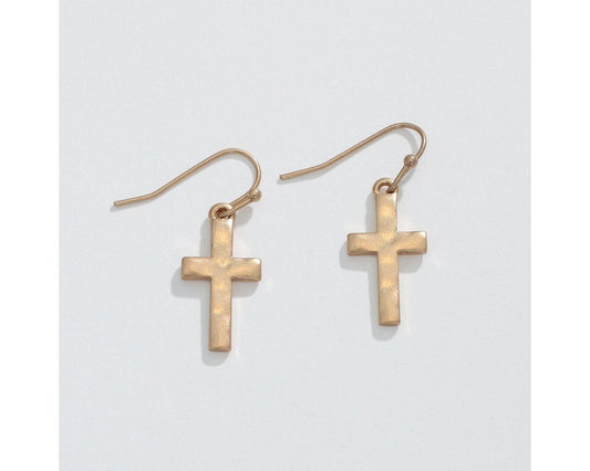 Earrings - Gold Hammered Cross