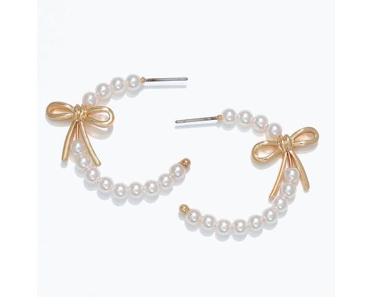 Earrings - Pearl Hoops w/ Gold Ribbons