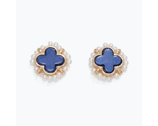 Earrings - Blue Clovers w/ Pearls