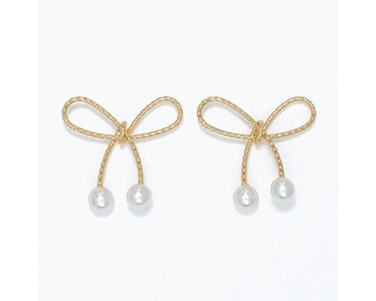 Earrings - Gold Rope Bow w/ Pearls