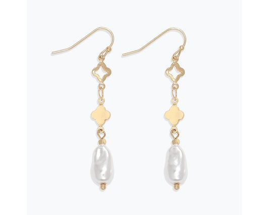 Earrings - Gold Clover Dangle w/ Pearl