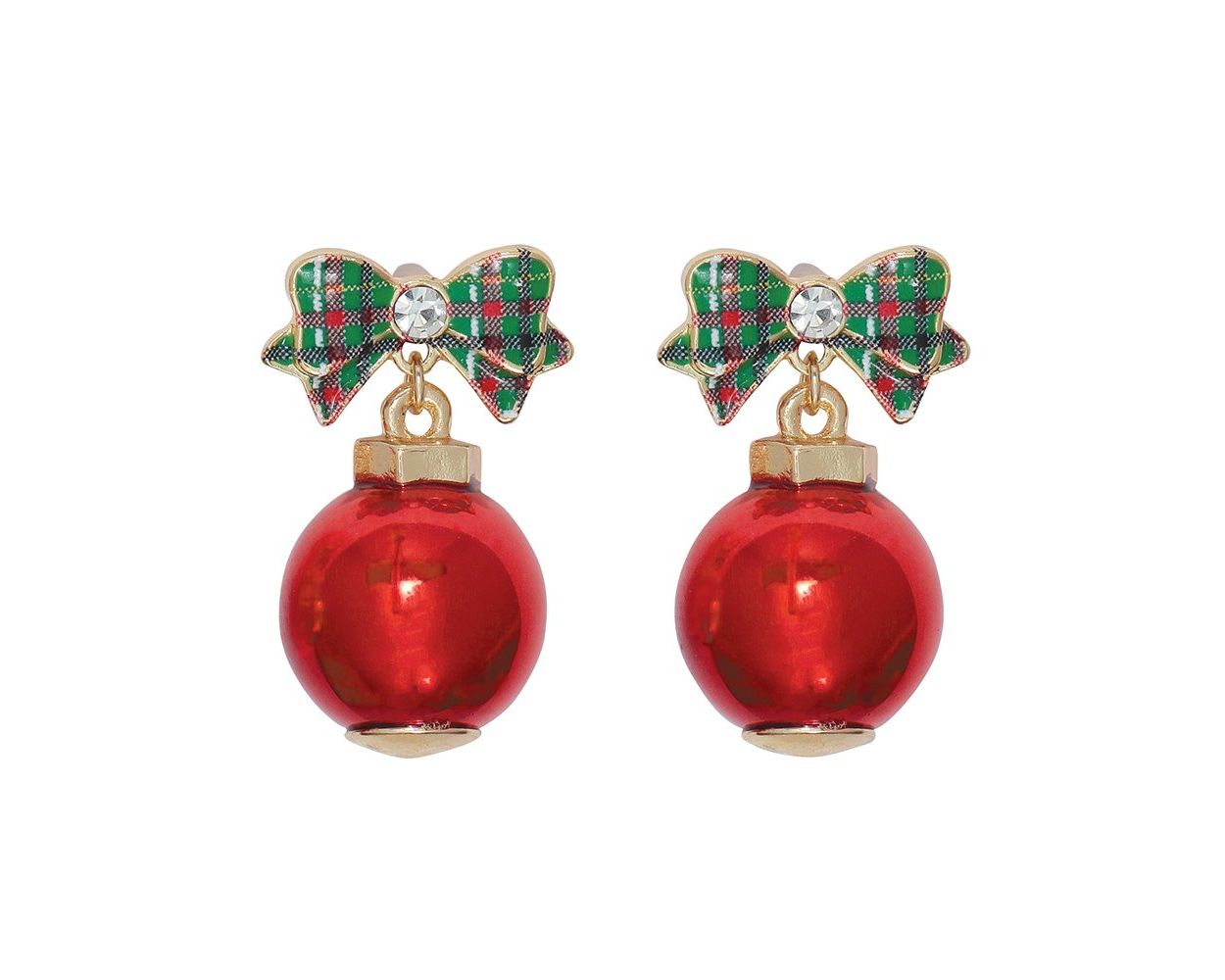Earrings - Plaid Bow w/ Red Ornament