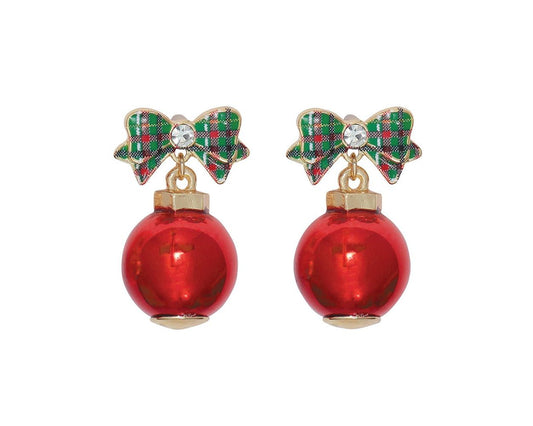 Earrings - Plaid Bow w/ Red Ornament