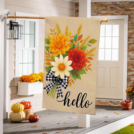 House Flag - Hello Fall Bow Florals Burlap