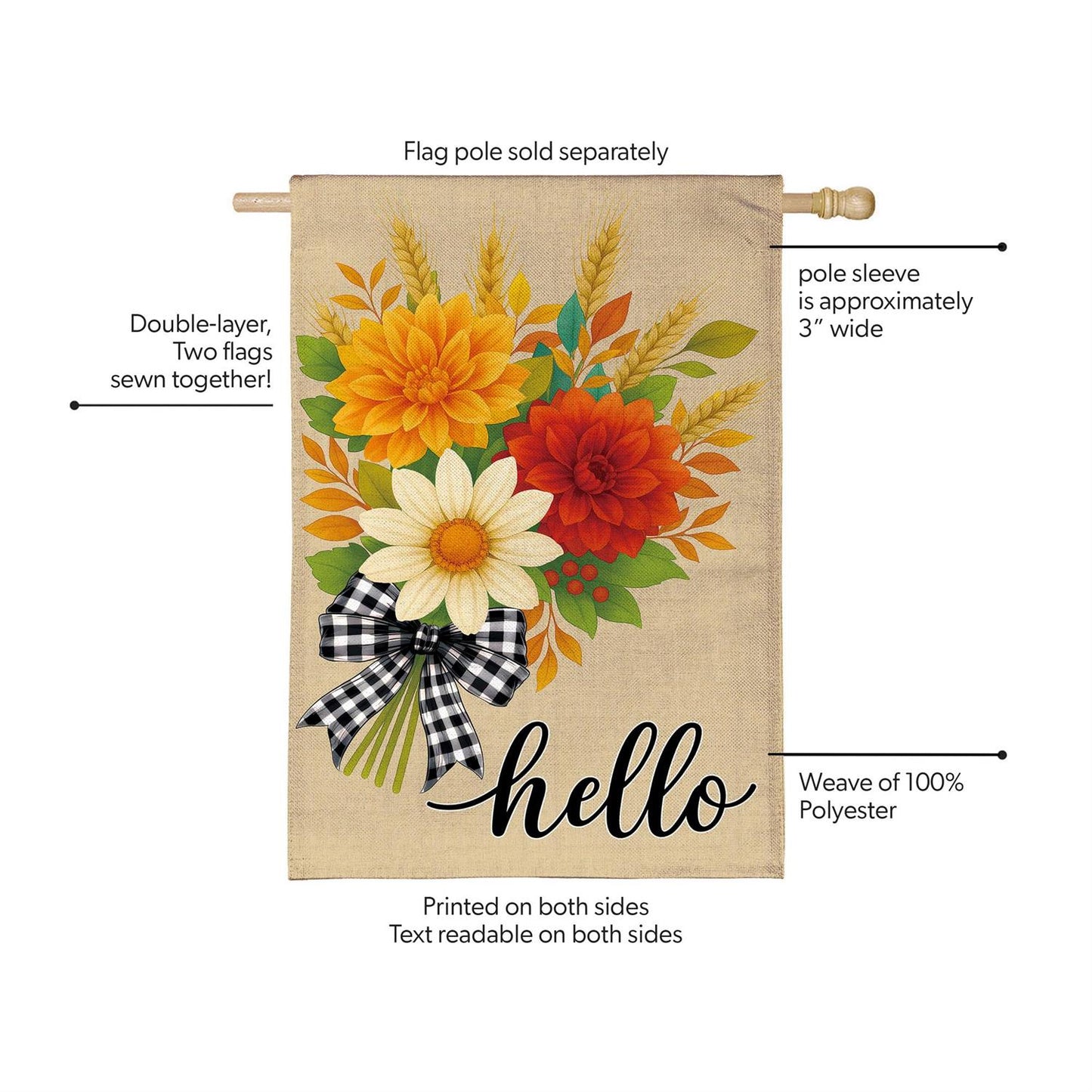 House Flag - Hello Fall Bow Florals Burlap