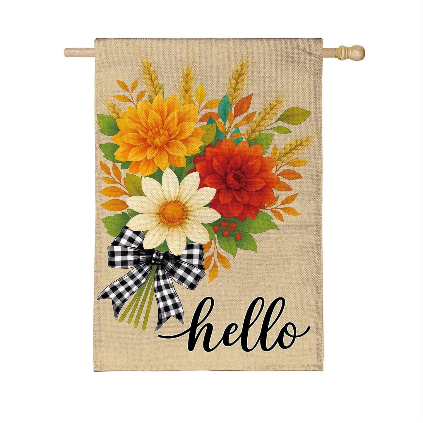 House Flag - Hello Fall Bow Florals Burlap