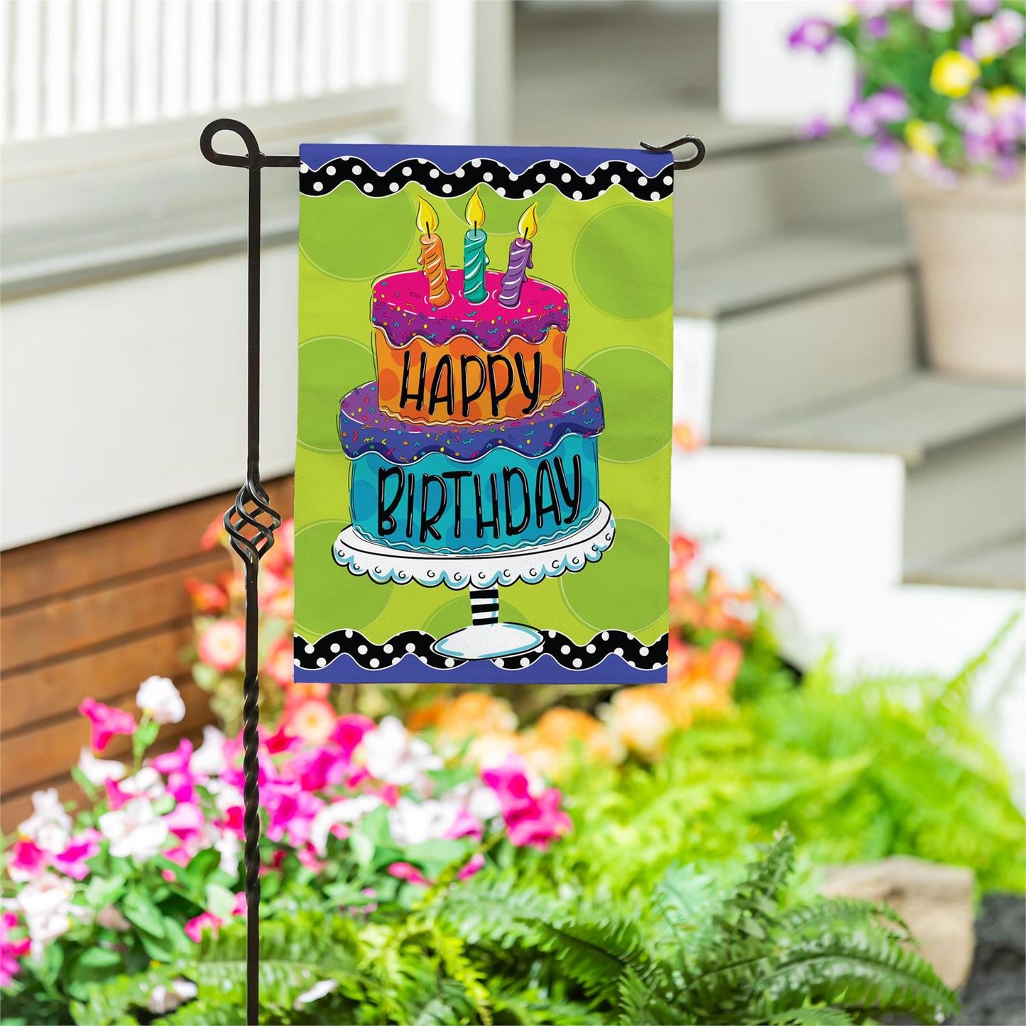 Garden Flag - Ric Rac Happy Birthday Cake Burlap