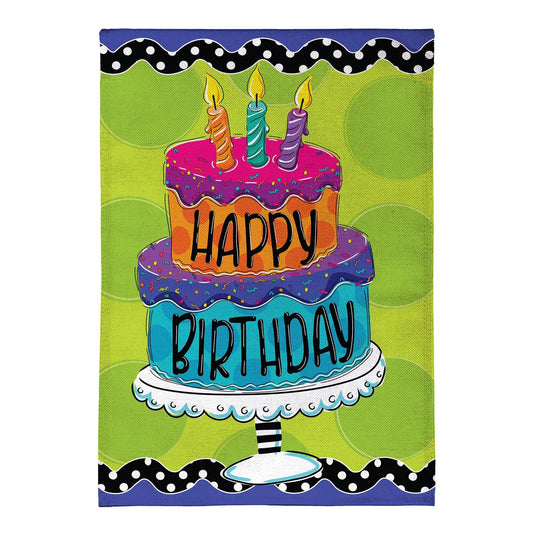 Garden Flag - Ric Rac Happy Birthday Cake Burlap