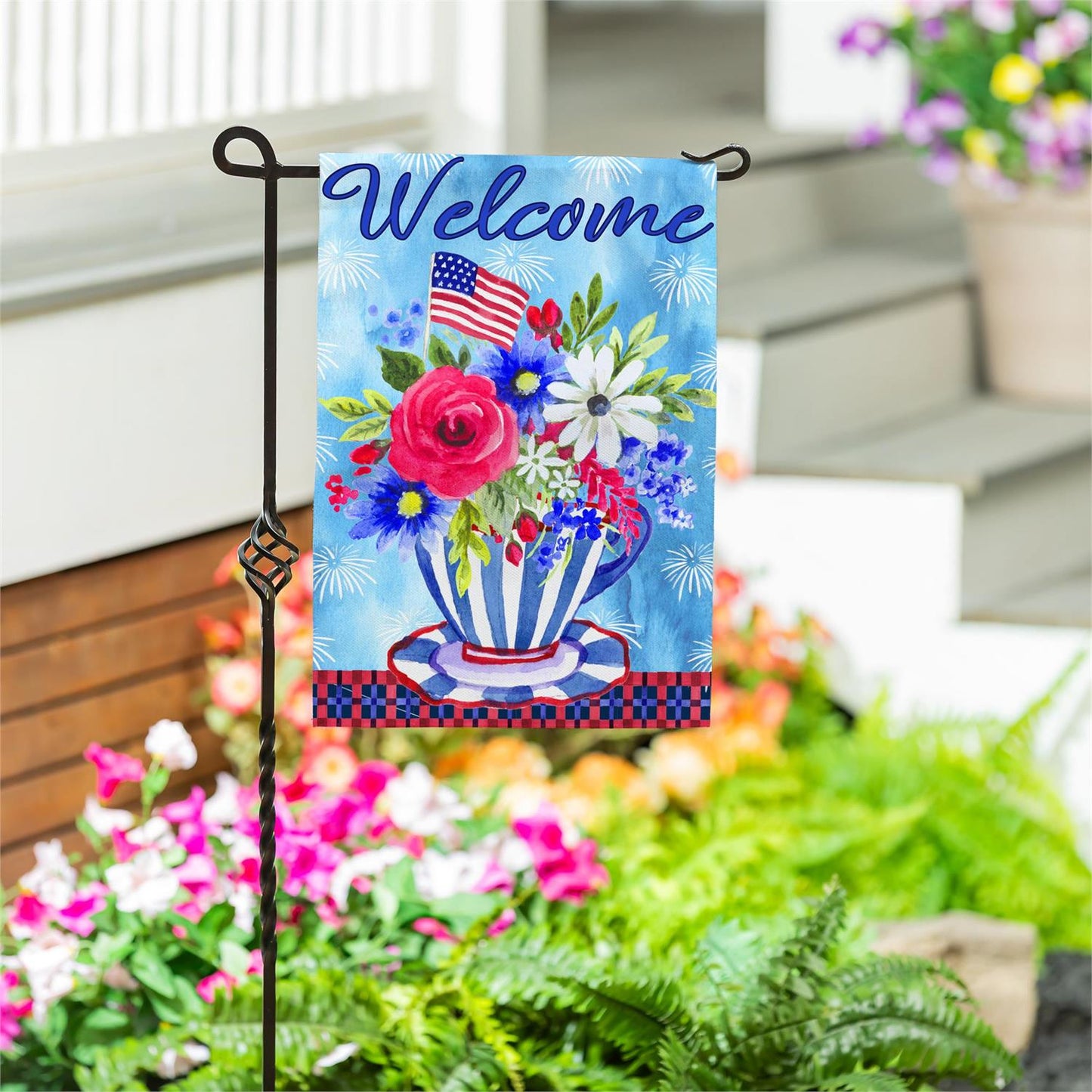 Garden Flag - Patriotic Teacup Burlap