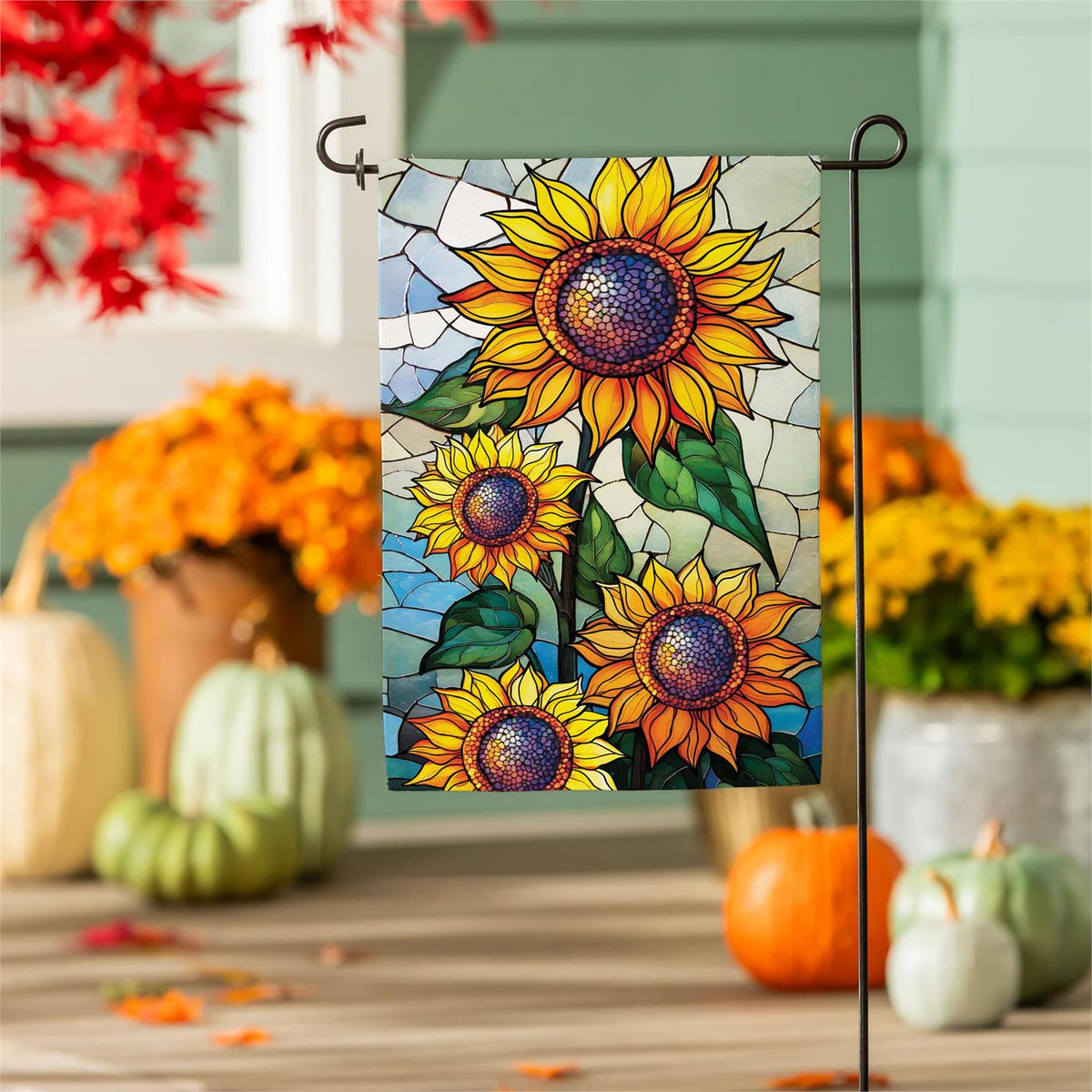 Garden Flag - Stained Glass Sunflower Stalk Burlap