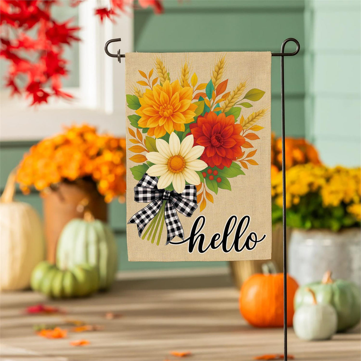 Garden Flag - Hello Fall Bow Florals Burlap