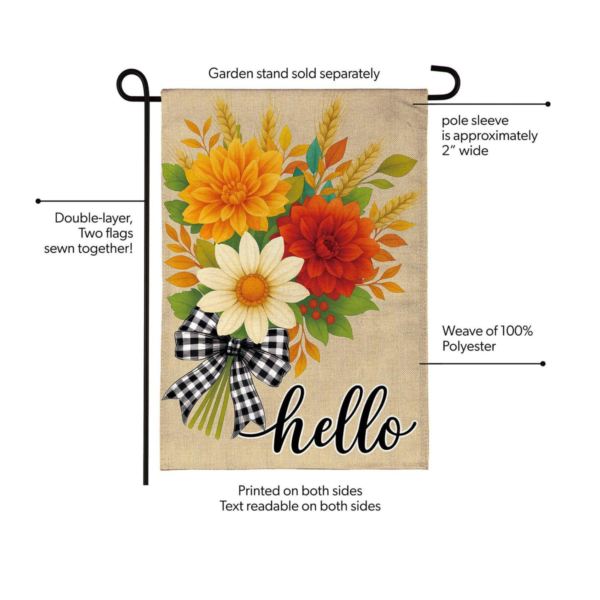 Garden Flag - Hello Fall Bow Florals Burlap