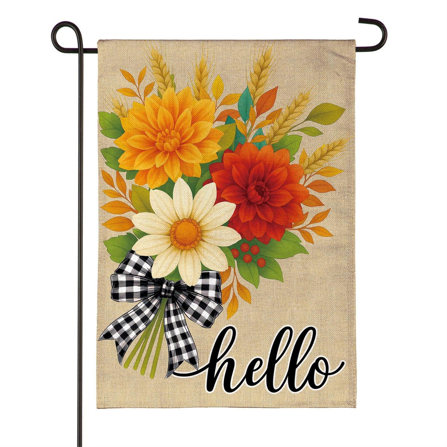 Garden Flag - Hello Fall Bow Florals Burlap