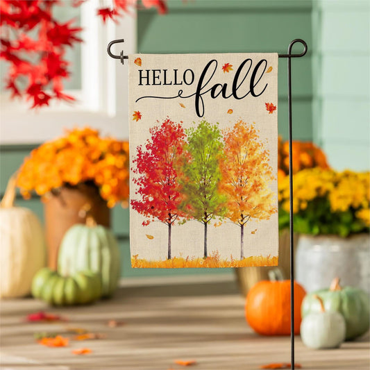 Garden Flag - Hello Fall Autumn Trees Burlap