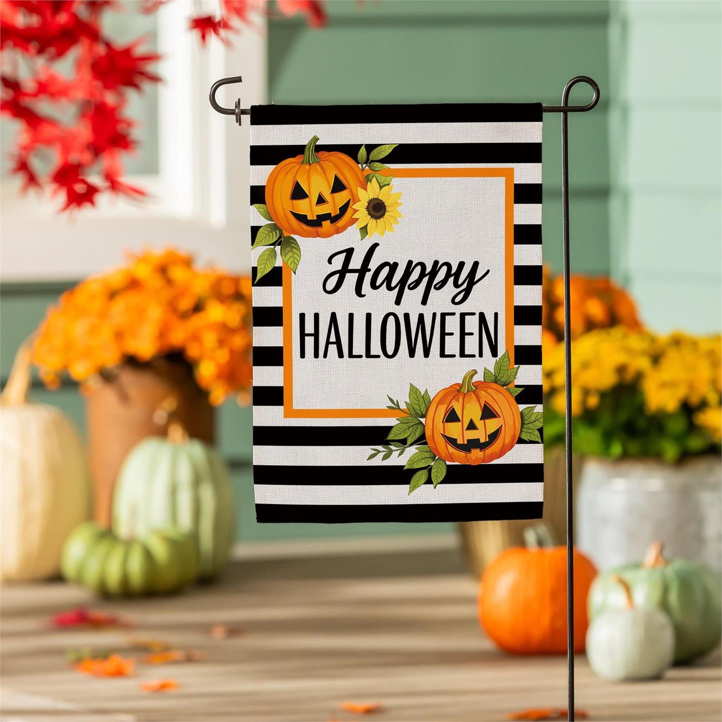 Garden Flag - Happy Halloween Striped Jack O Lante