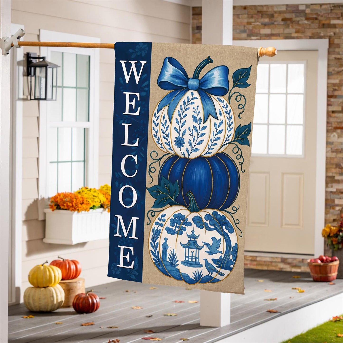 House Flag - Chinoiserie Welcome Pumpkin