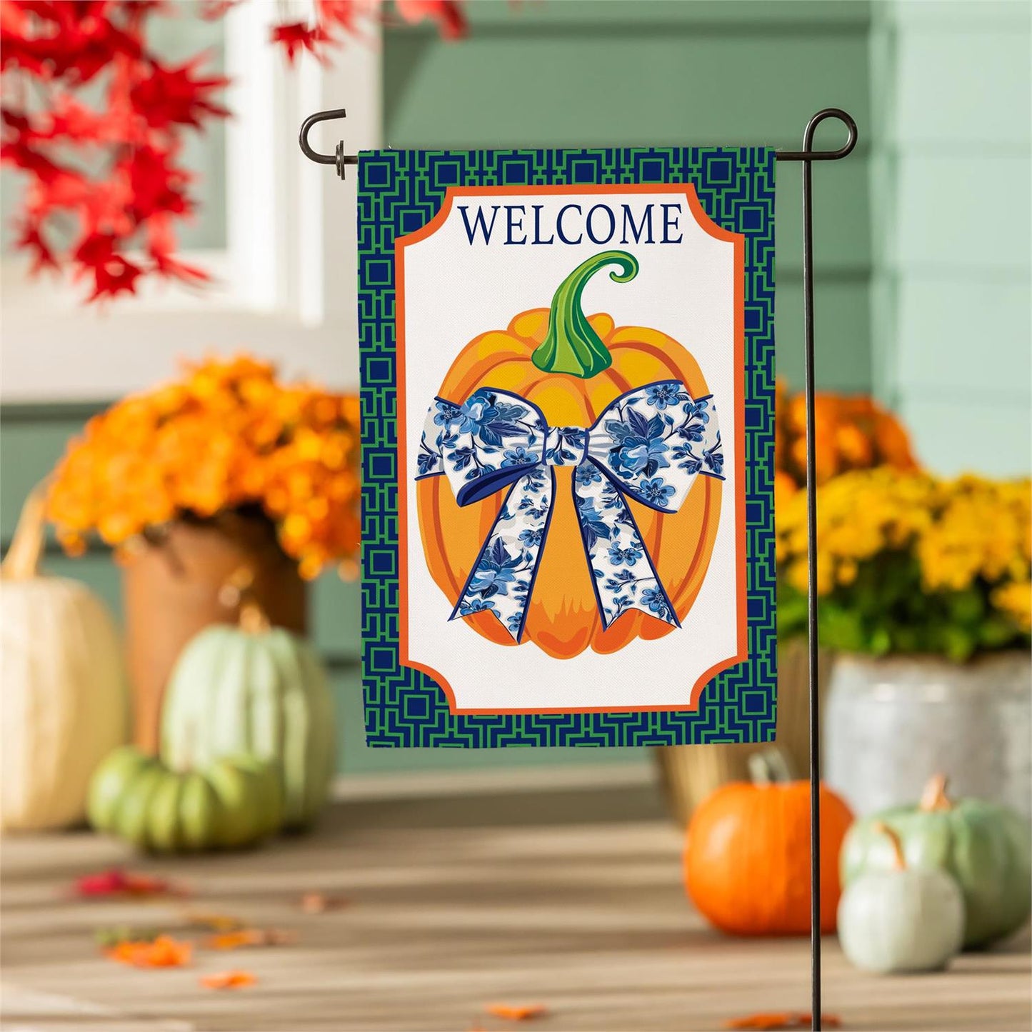 Garden Flag - Pumpkin w/ Chinoiserie Bow Burlap