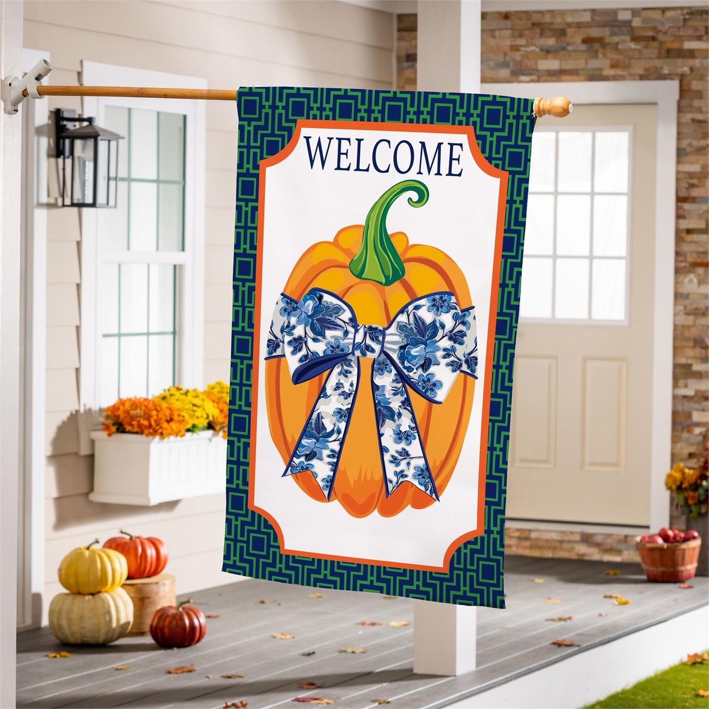 House Flag - Pumpkin w/ Chinoiserie Bow Burlap