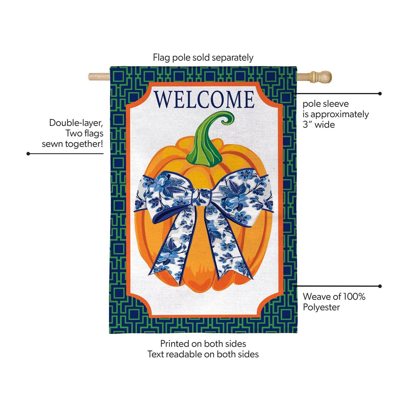 House Flag - Pumpkin w/ Chinoiserie Bow Burlap