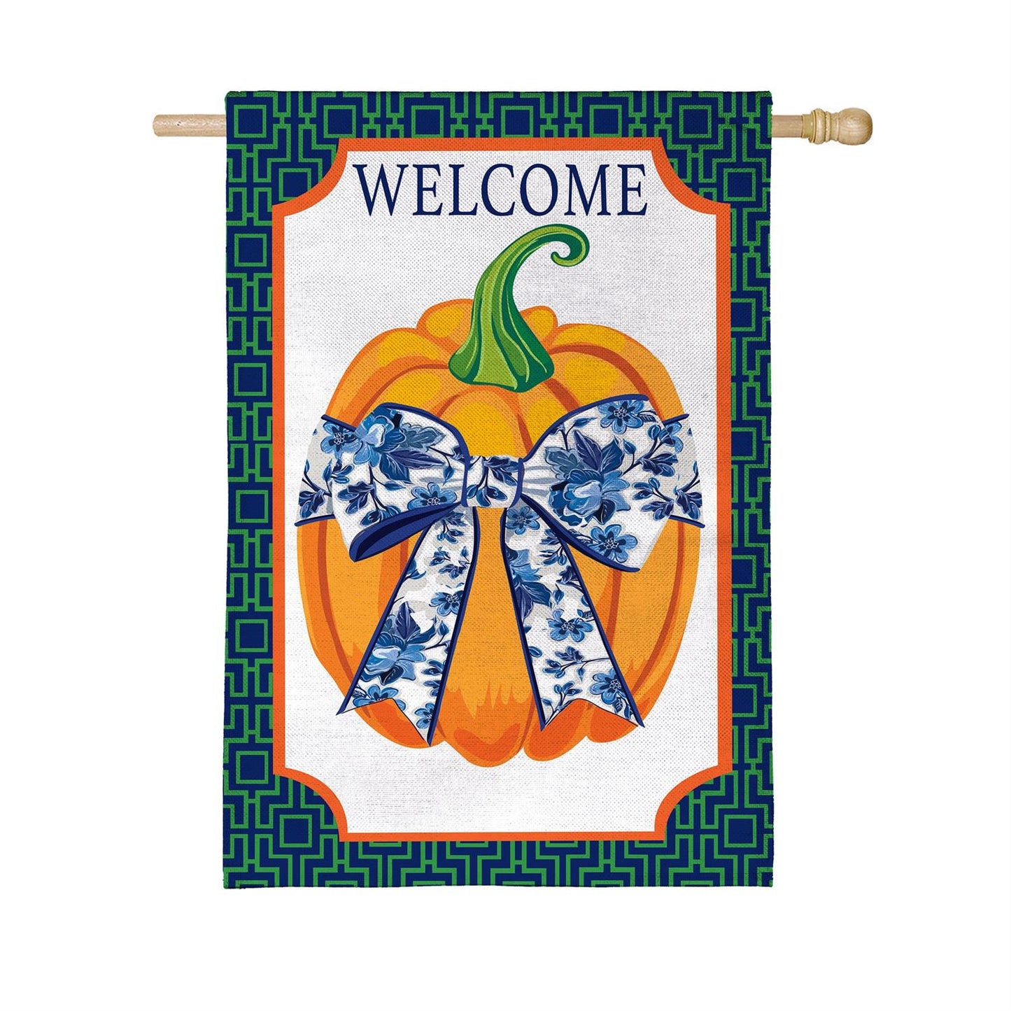 House Flag - Pumpkin w/ Chinoiserie Bow Burlap