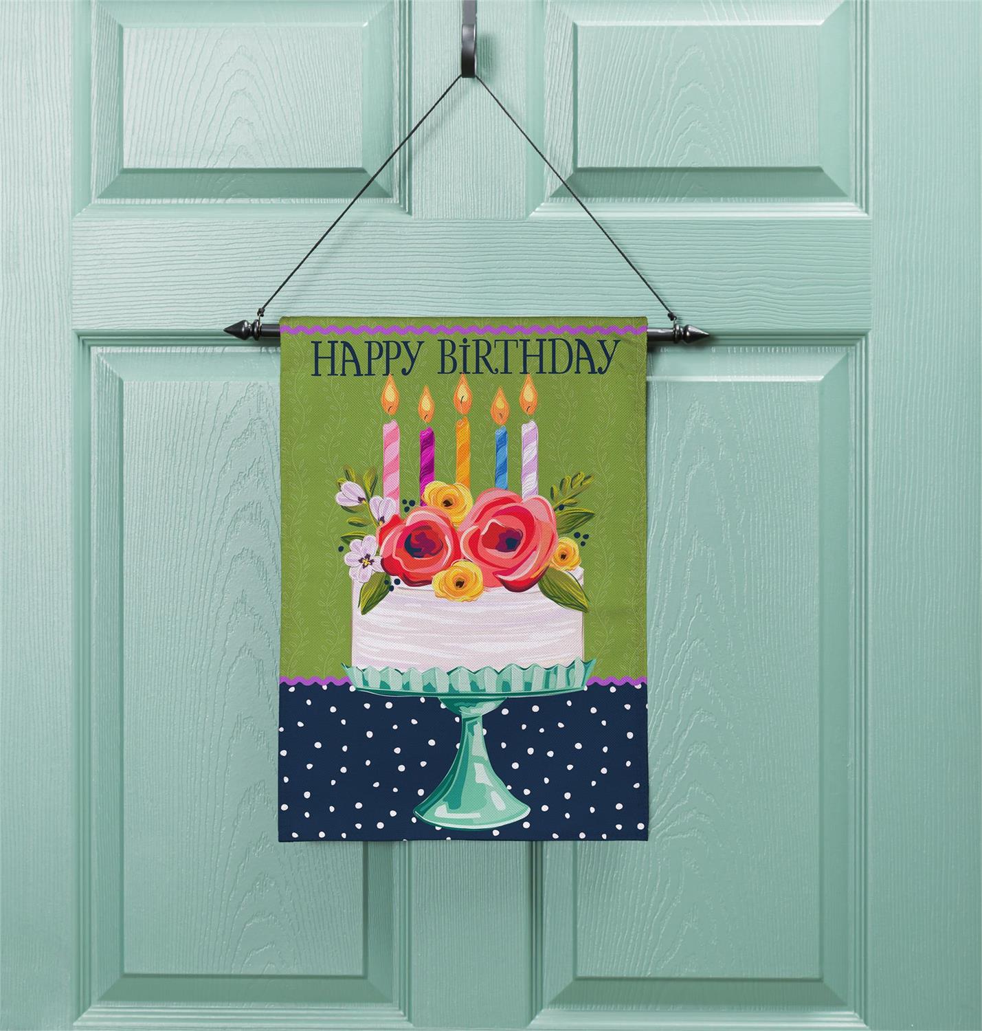 Garden Flag - Floral Happy Birthday Cake Burlap
