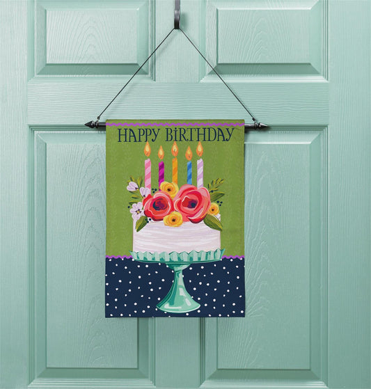 Garden Flag - Floral Happy Birthday Cake Burlap