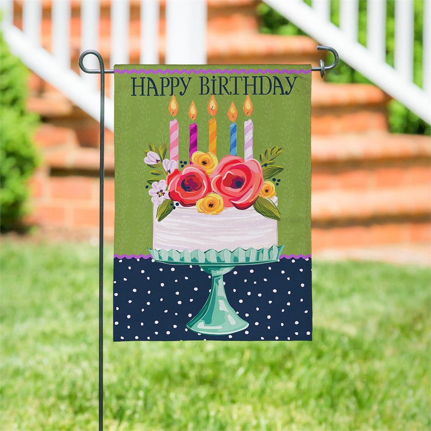 Garden Flag - Floral Happy Birthday Cake Burlap