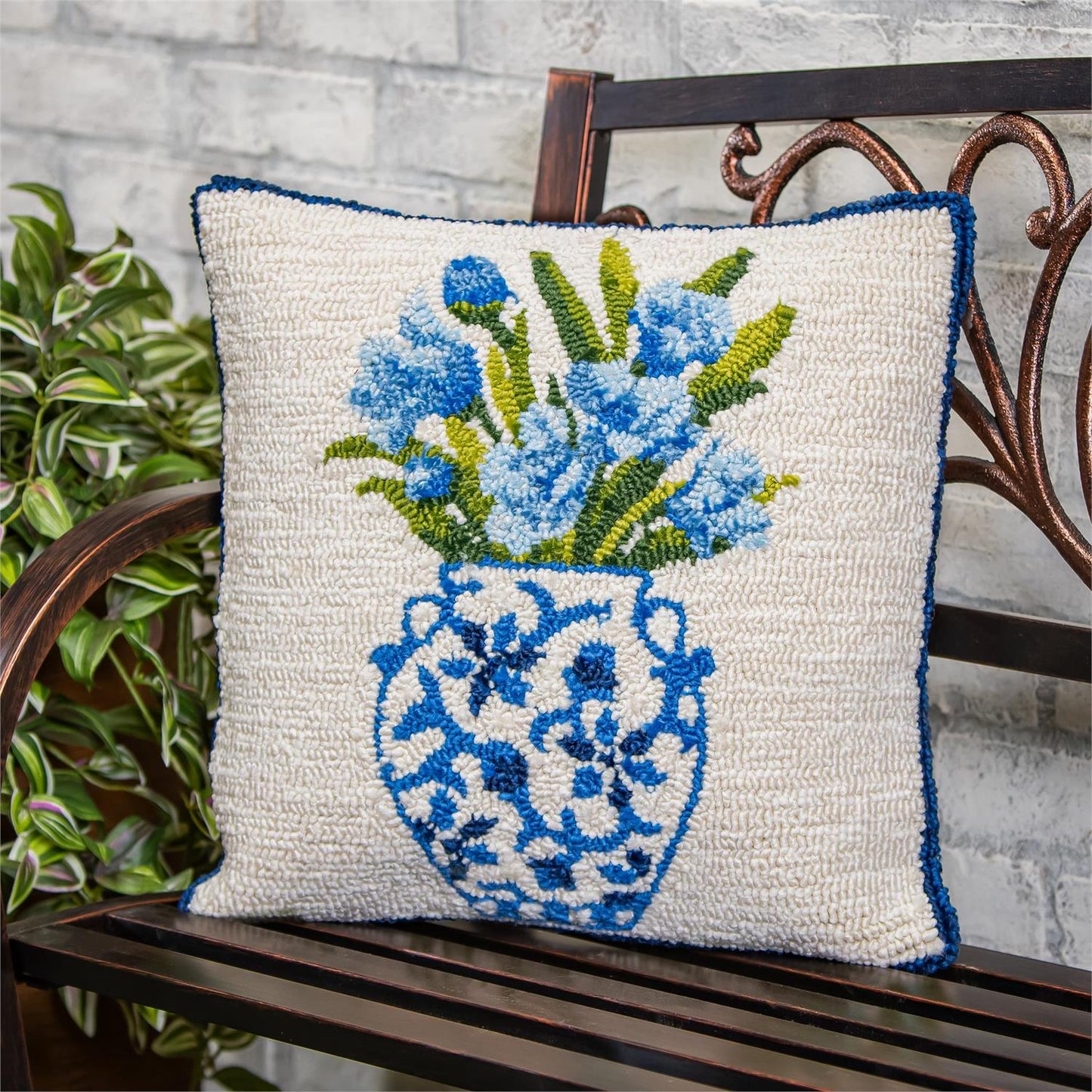 18"x18" Indoor/Outdoor Hooked Pillow - Chinoiserie