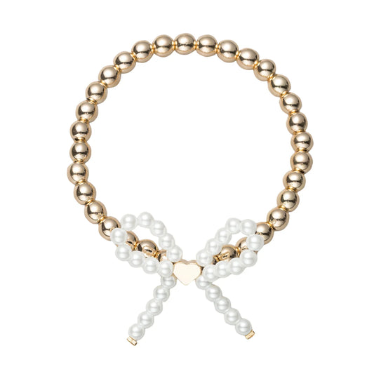 Gold Beaded Stretch Bracelet w/ Pearl Bow