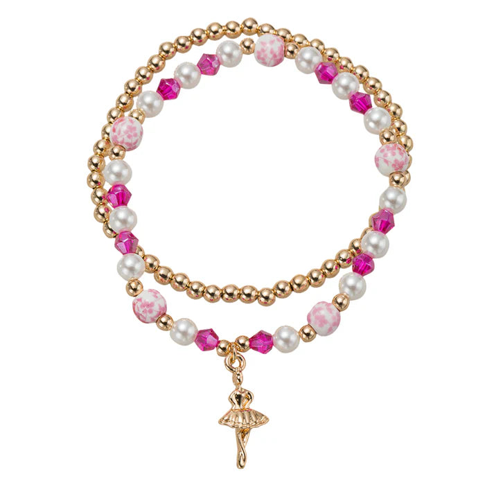 Bracelet - Ballerina Pink, Pink Floral Bead, Set of 2 Beaded