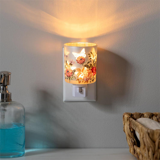 Nightlight - Glass Floral w/ Butterfly Cutouts White