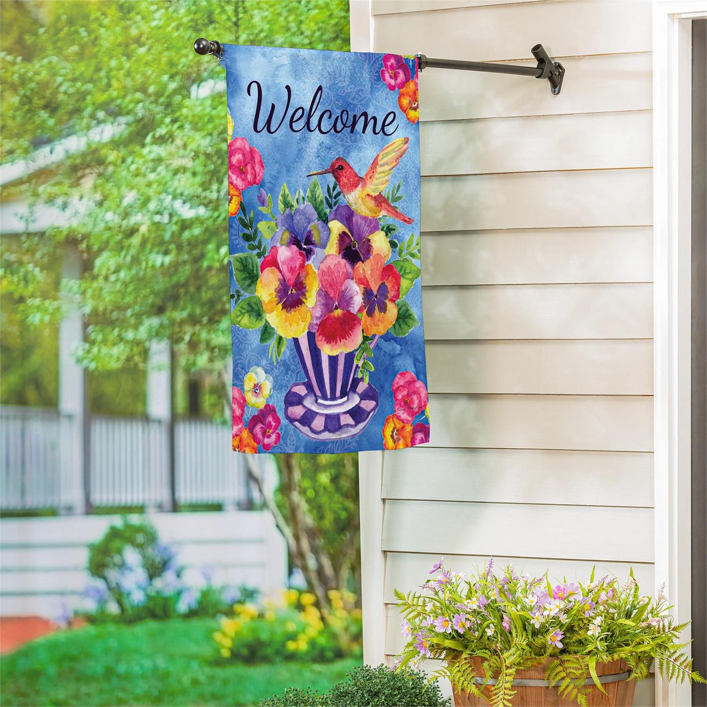 Garden Flag - Pansies & Hummingbird Tea Cup