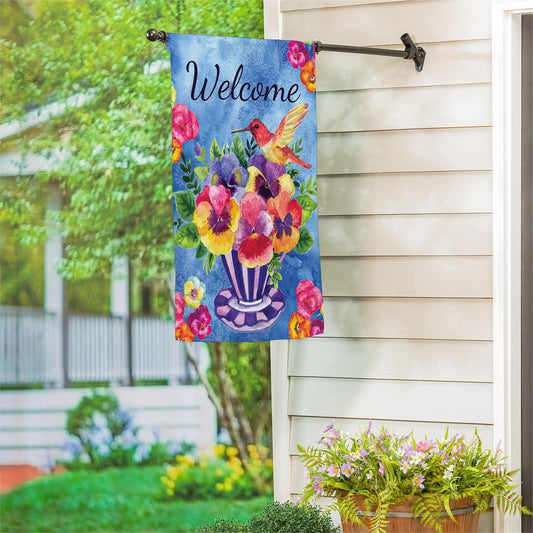 Garden Flag - Pansies & Hummingbird Tea Cup