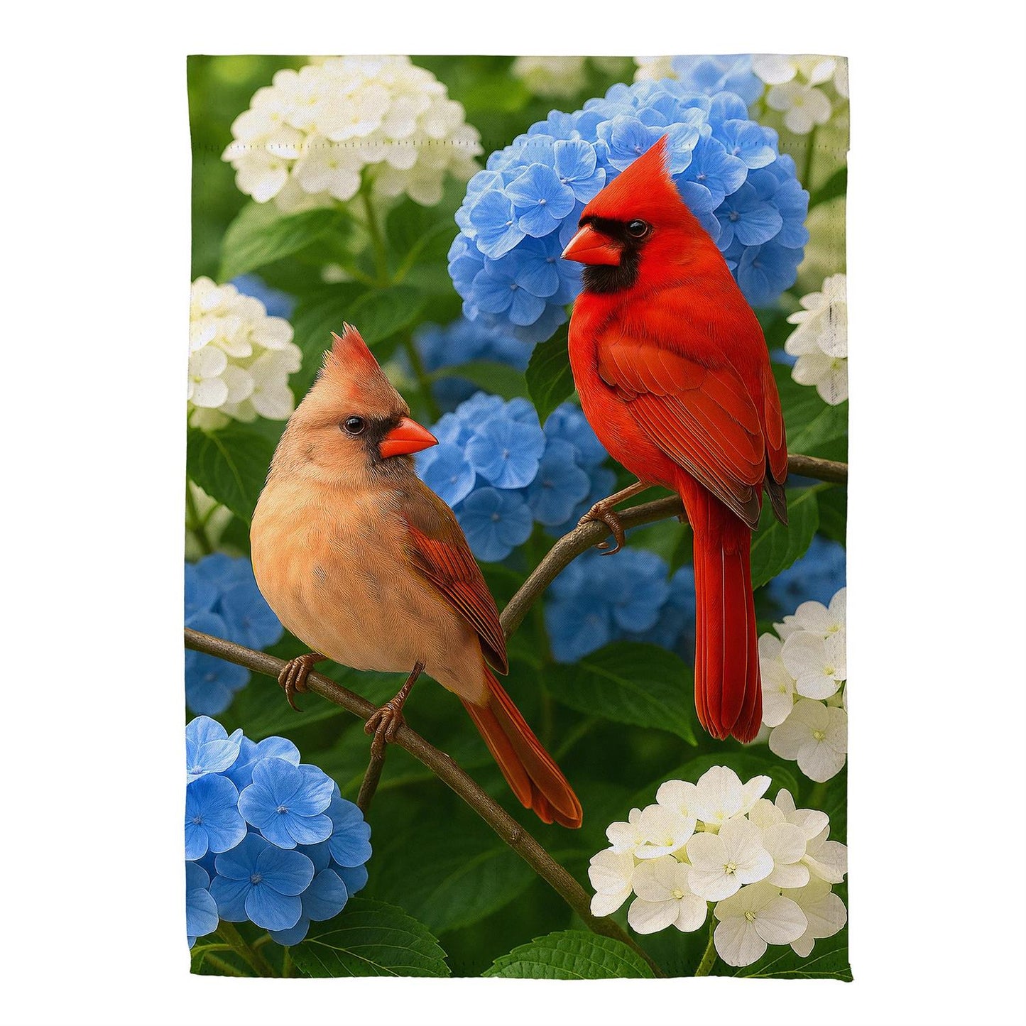 House Flag - Cardinal Couple Among Hydrangeas