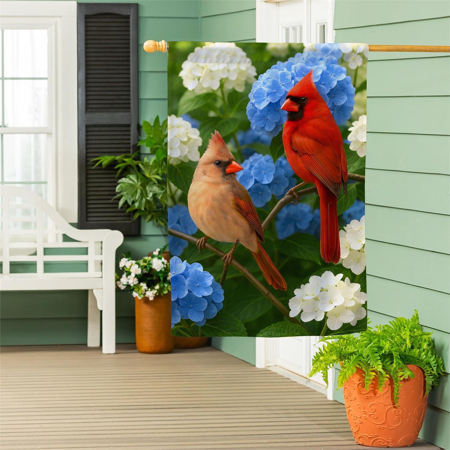 House Flag - Cardinal Couple Among Hydrangeas