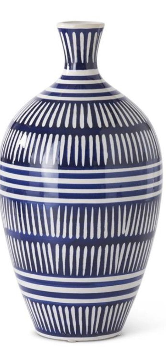 15" Blue/White Line Neck Vase