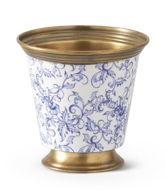 7.25" Brass Metal/Blue Floral Footed Vase