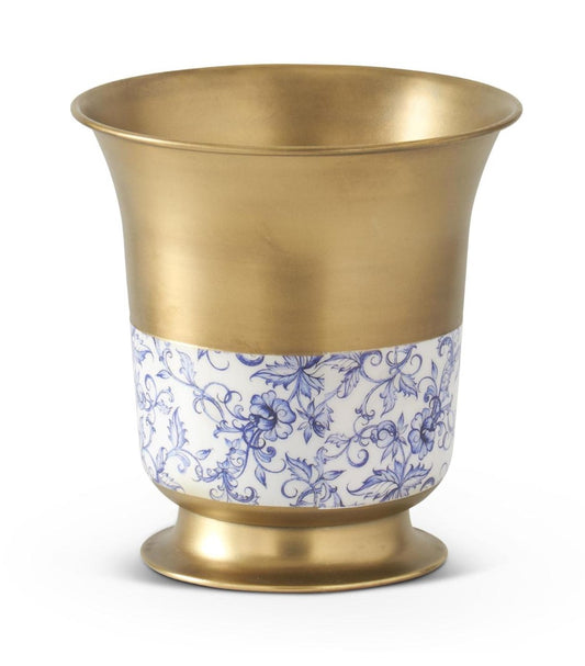 8.75" Brass Metal/Blue Floral Footed Vase