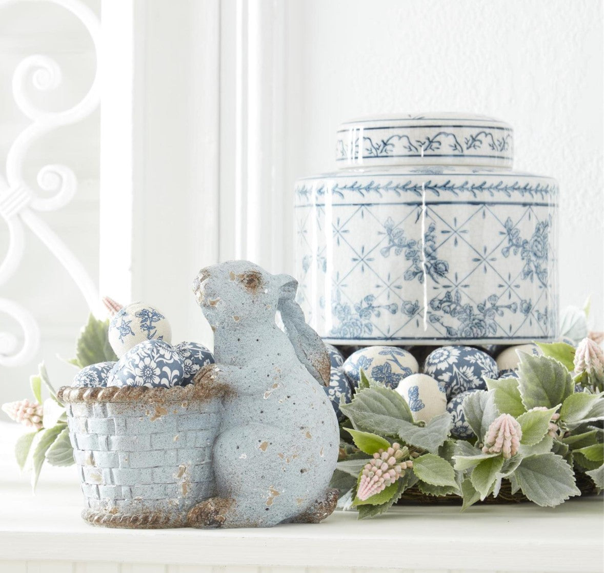 7" Weathered Blue Terracotta Bunny w/ Basket