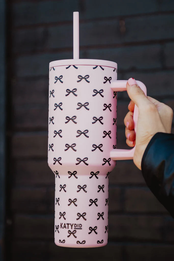 Tumbler w/ Handle - 38oz Blk & Pink Mini Bows