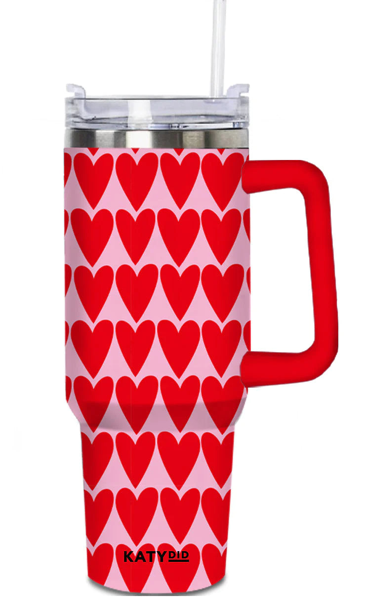 Tumbler w/ Handle - Red Hearts on Pink
