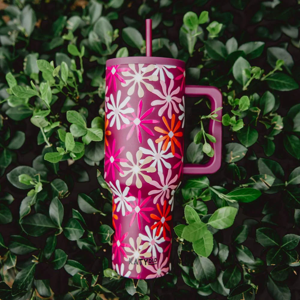 Tumbler Cup w/ Handle - Multicolored Maroon Floral