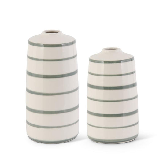 Large Cream & Sage Green Striped Vase