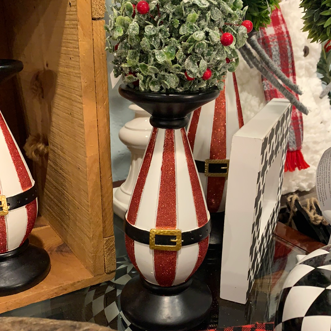 Small Red and White Glittered Santa Belt Candlestick Holder