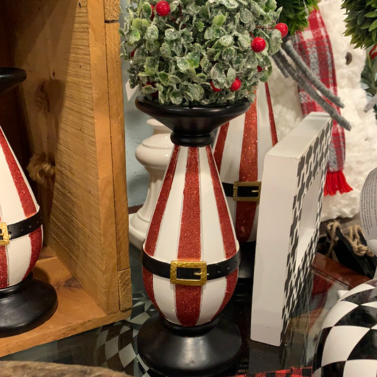 Small Red and White Glittered Santa Belt Candlestick Holder