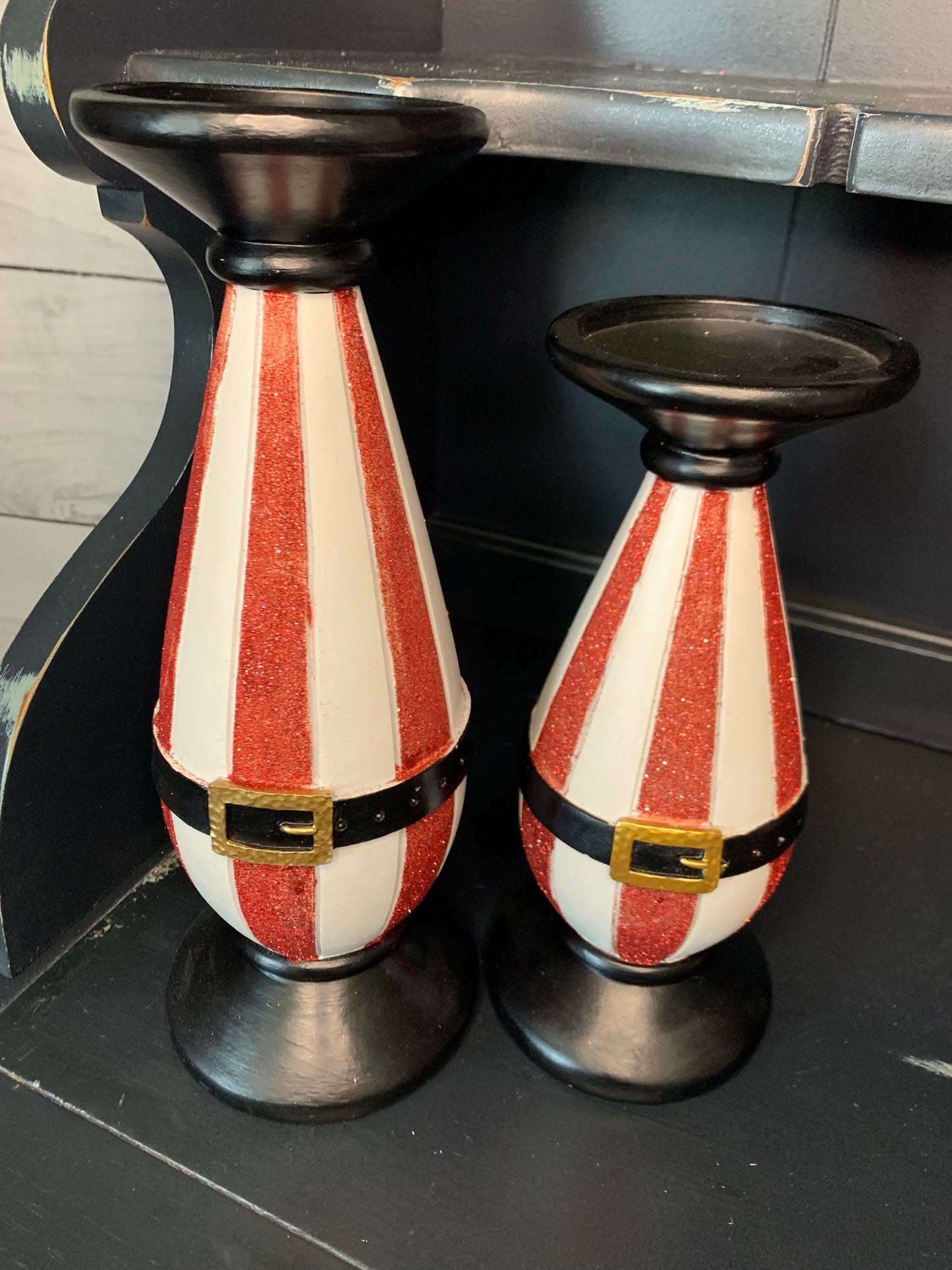 Red and White Glittered Santa Belt Candlestick Set