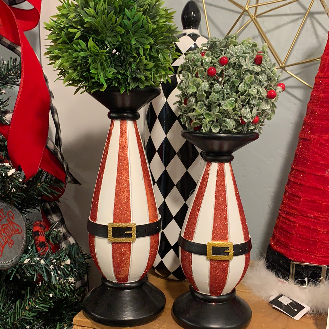 Red and White Glittered Santa Belt Candlestick Set