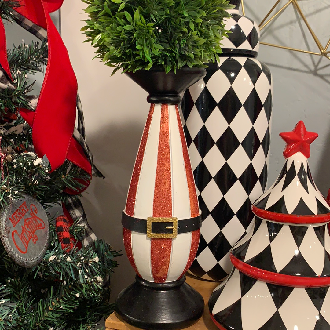 Red and White Glittered Santa Belt Candlestick Set
