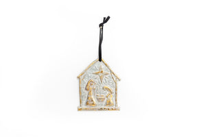 7.75 Stamped Metal Ornament w/ Gold Holy Family
